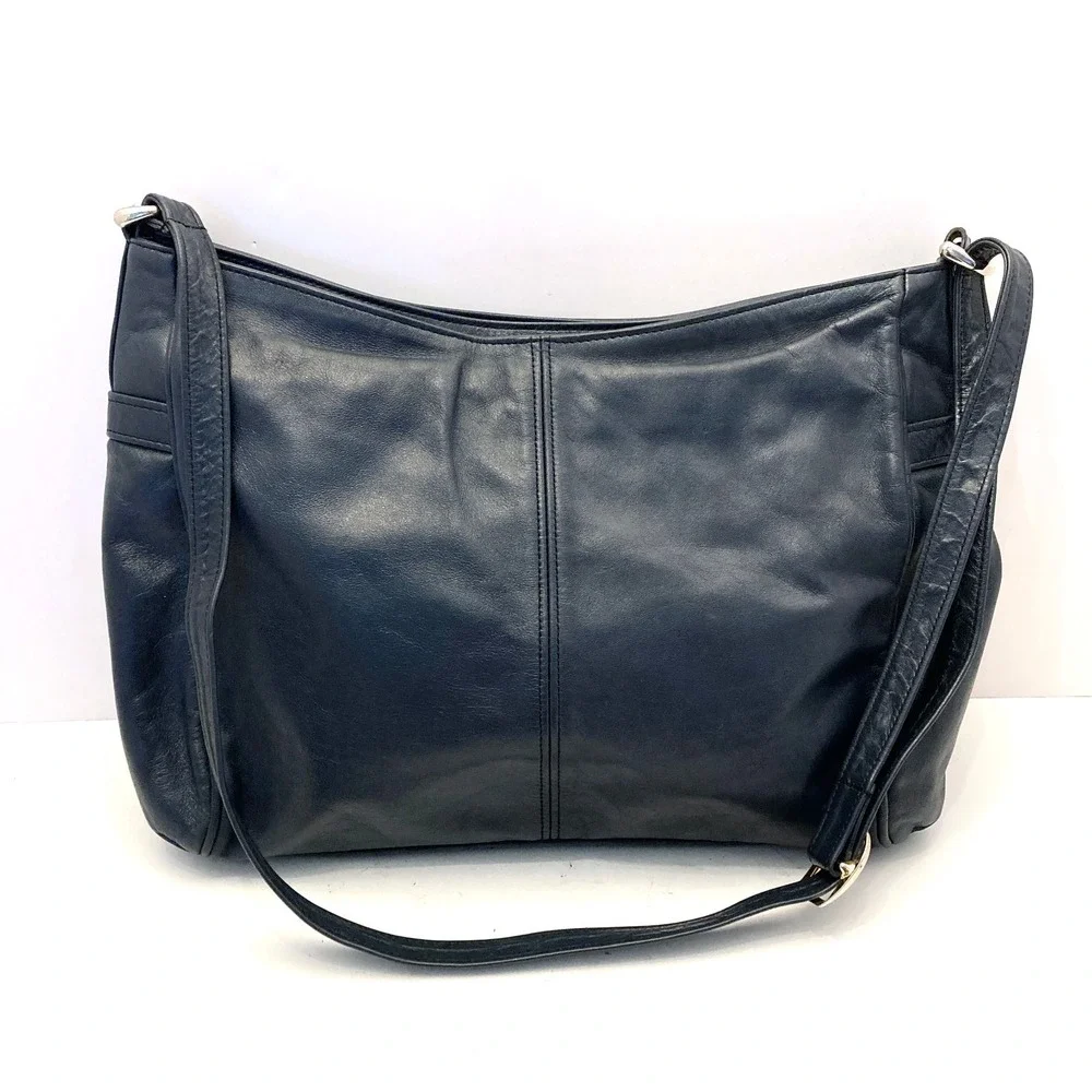 Vtg SAS Shoulder Bag Navy Blue Leather Purse Hand Sewn Made USA‎ Pockets - Picture 2 of 13
